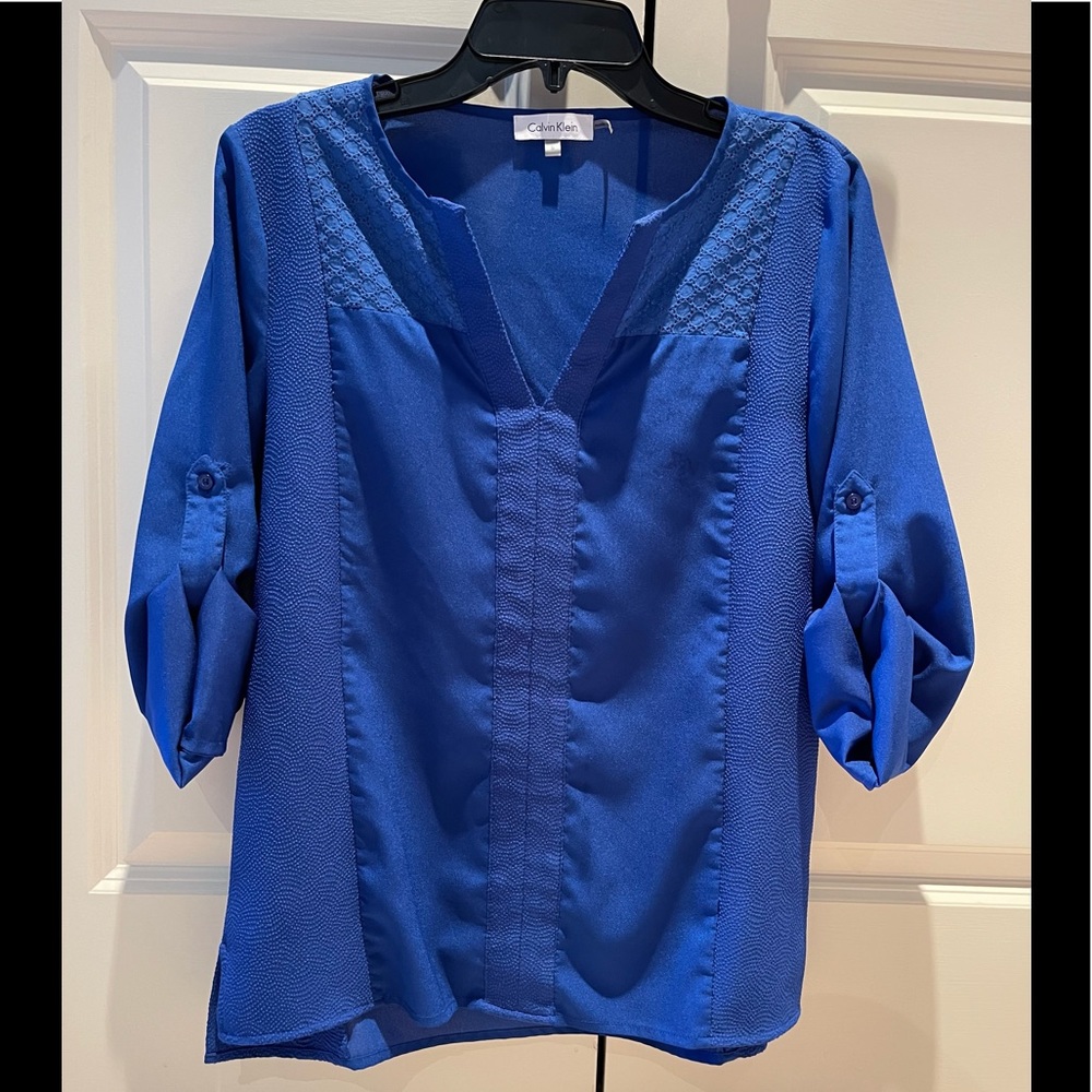 NWOT Calvin Klein Azure Blue Blouse with Incredible Detail